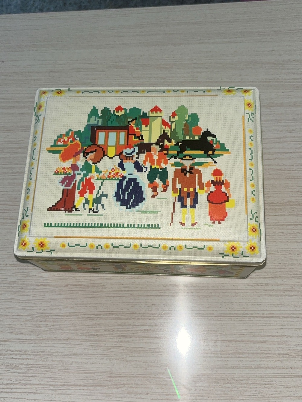 Vintage Illustrated Metal Storage Tin in Cream and Multicolor
